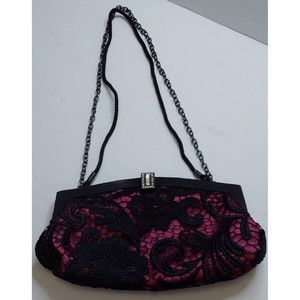 Lulu Townsend Black Lace & Fuchsia Pink Satin Shoulder Handbag Purse